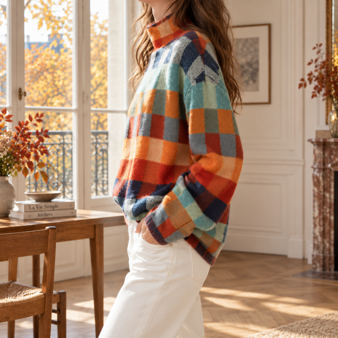 Maglione multicolore di lato, collo alto risvoltato e maniche lunghe ampie