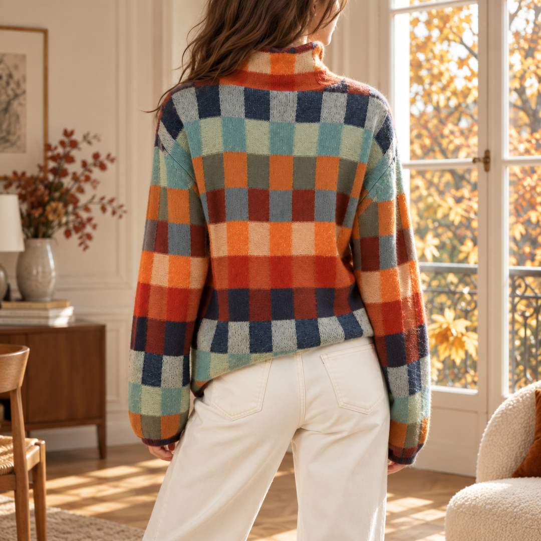 Vista posteriore del maglione donna a scacchi arancione, blu e grigio