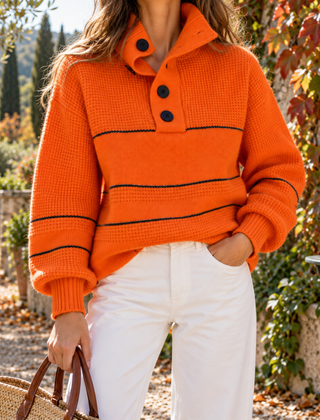 Maglione donna arancione a righe nere sottili con collo alto e bottoni