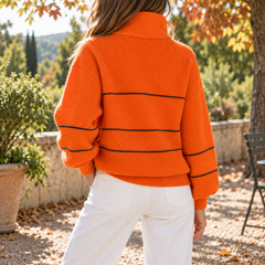 Retro del maglione donna arancione con righe orizzontali e fondo a coste