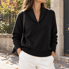 Maglione donna nero con collo a scialle e fondo a coste