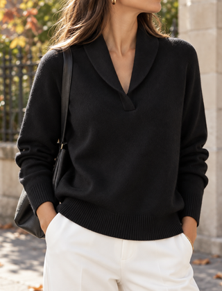 Maglione donna nero con collo a scialle e fondo a coste