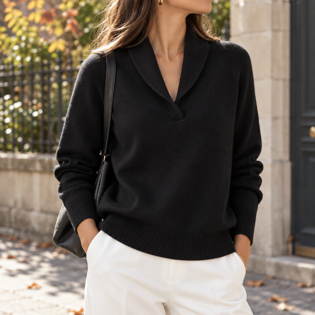 Maglione donna nero con collo a scialle e fondo a coste