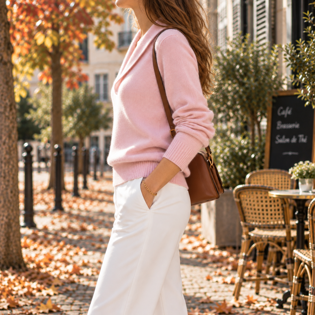 Maglione donna rosa di lato con fondo a coste e maniche lunghe