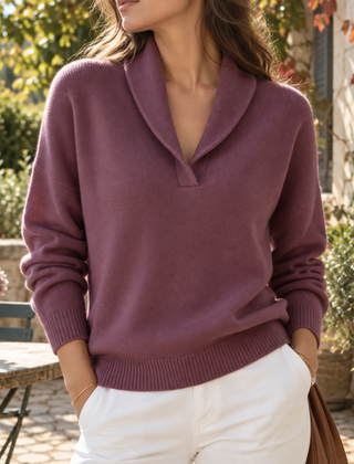Maglione donna viola con collo a scialle e maniche lunghe con polsini