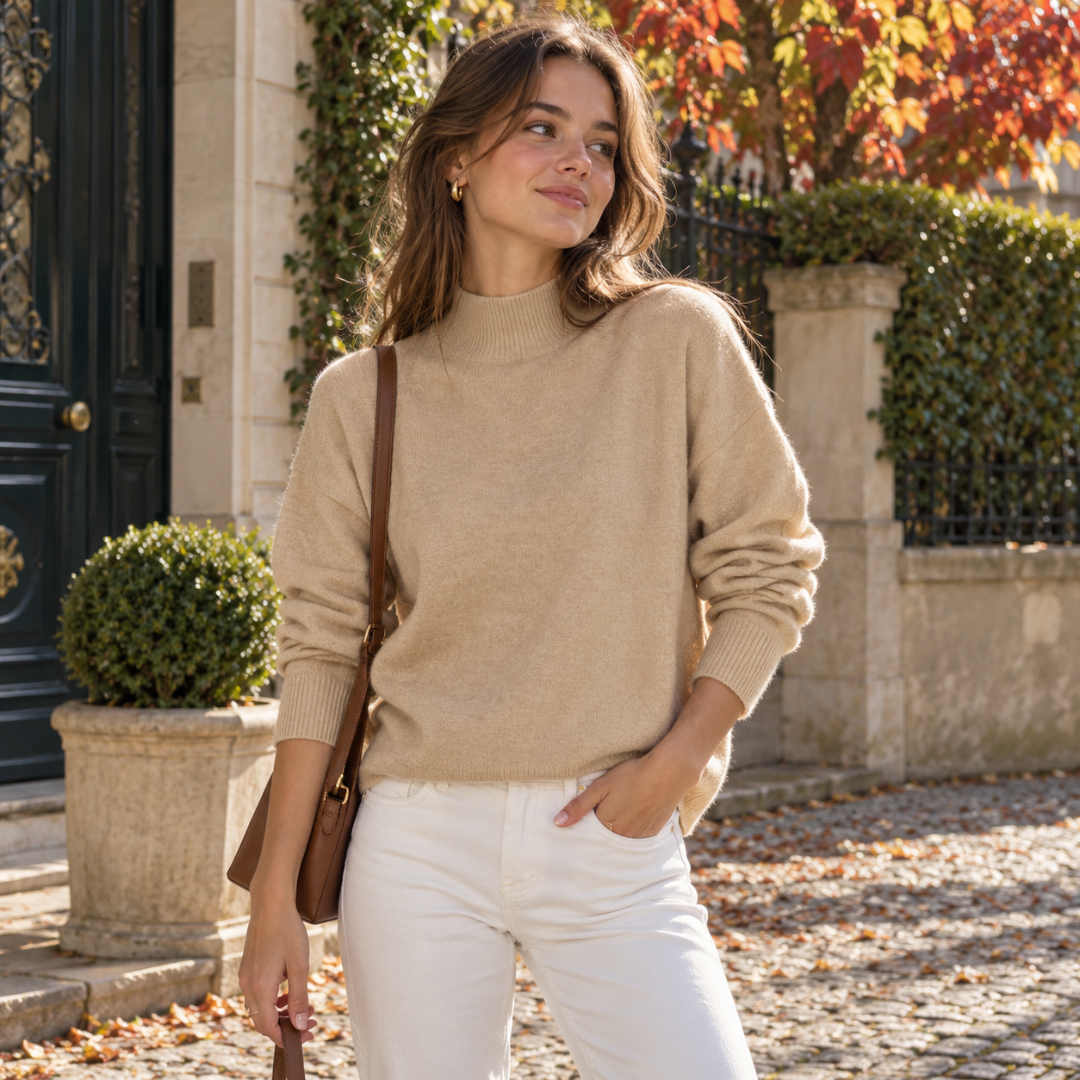 Maglione donna beige a collo alto in tinta unita con bordi a costine