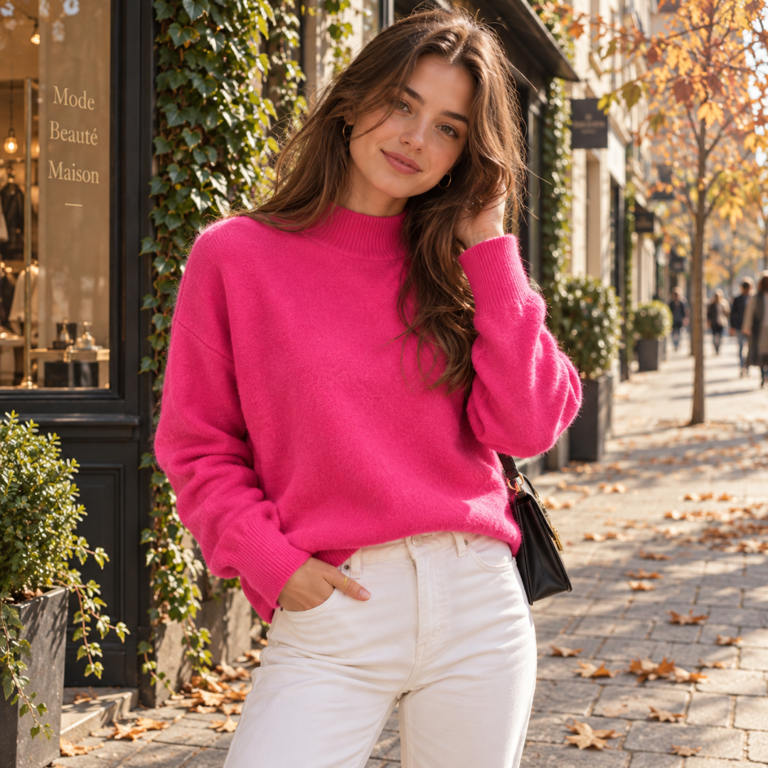 Maglione donna fucsia a collo alto con polsini a coste, indossato con pantaloni bianchi