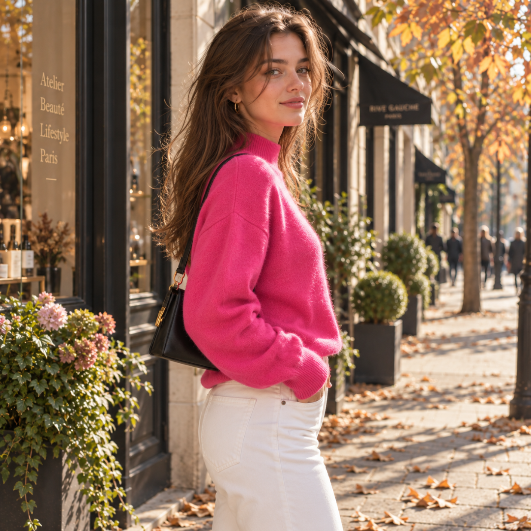 Maglione fucsia a collo alto visto di profilo, bordo inferiore a costine in evidenza