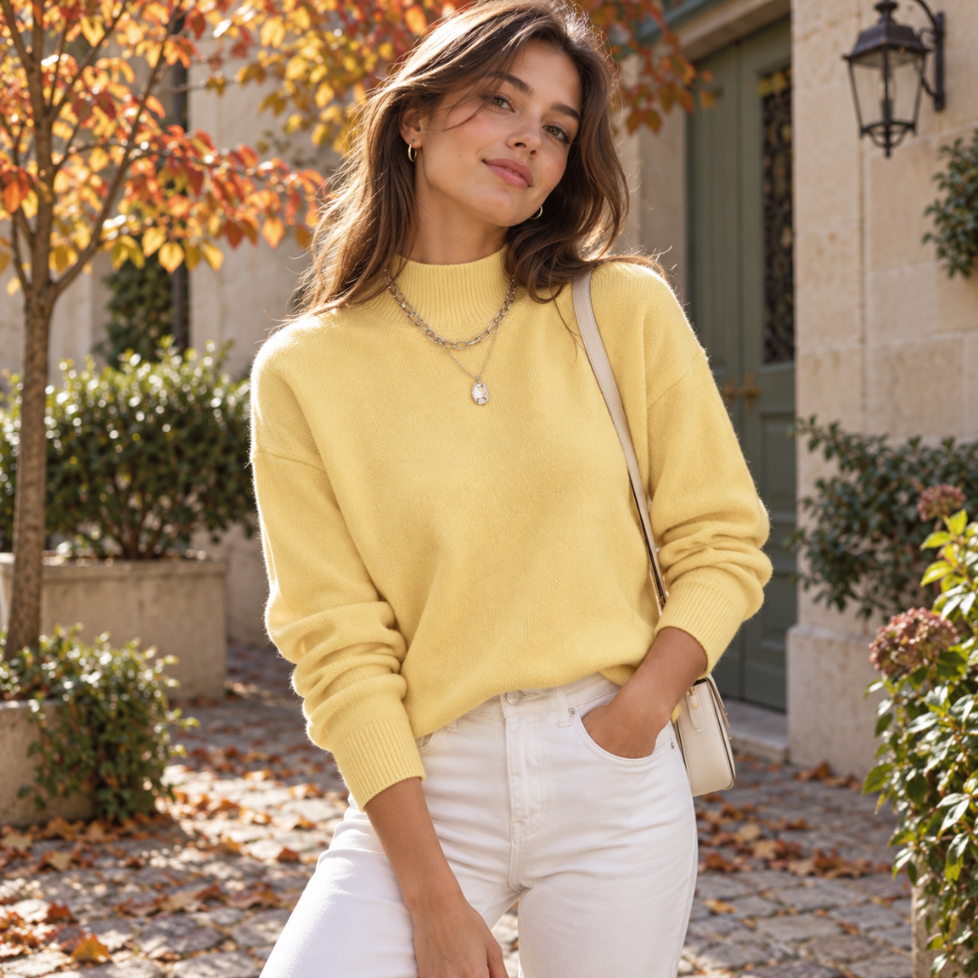 Maglione donna giallo a collo alto con maniche lunghe e fondo a costine