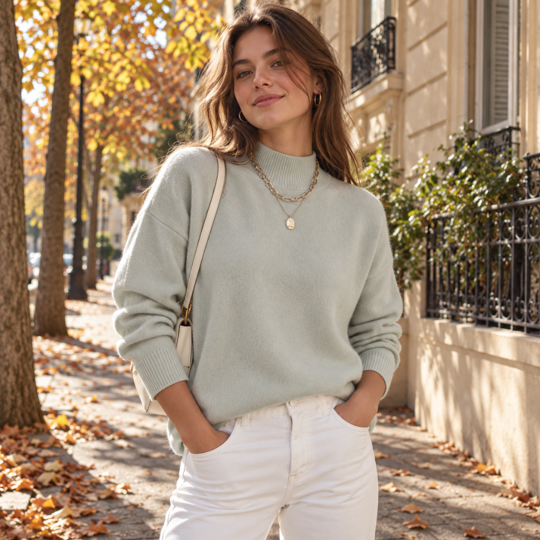 Maglione donna verde chiaro a collo alto in maglia unita con bordi a costine