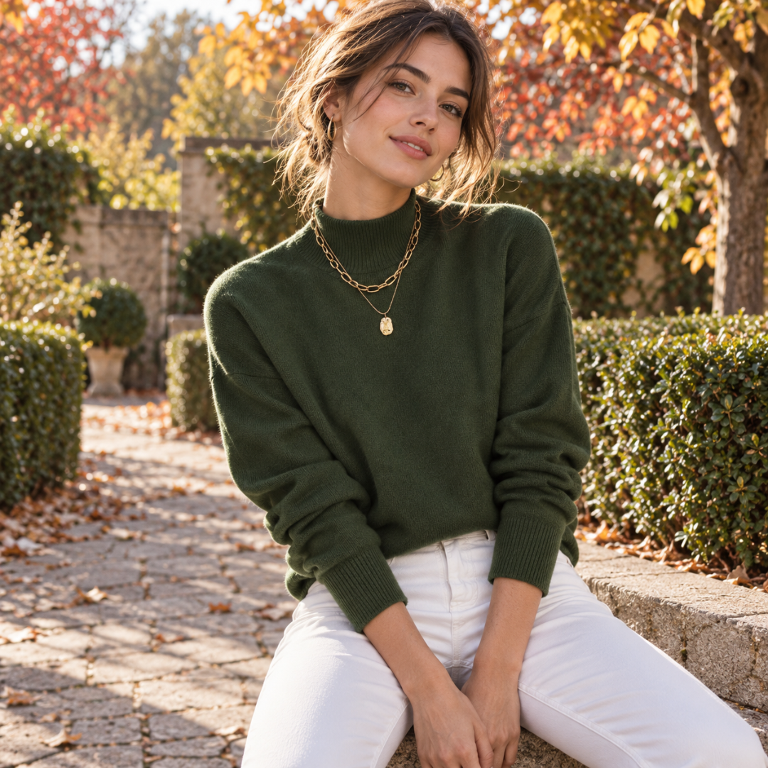 Maglione donna verde militare a collo alto con bordi a coste, modella seduta