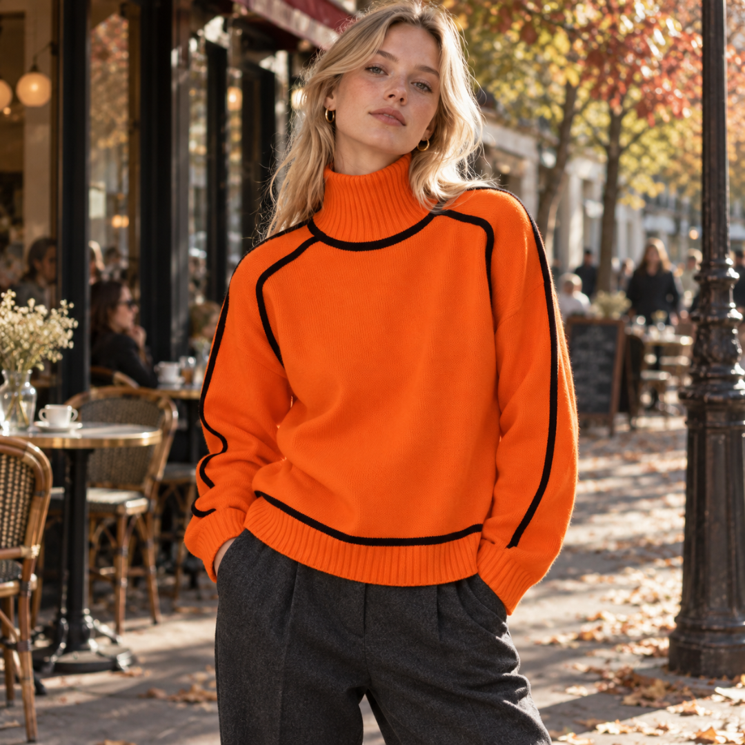 Maglione donna arancione a collo alto con profili neri lungo le maniche