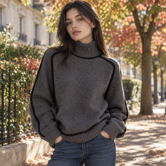Maglione donna grigio scuro a collo alto con profili neri a contrasto
