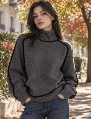 Maglione donna grigio scuro a collo alto con profili neri a contrasto