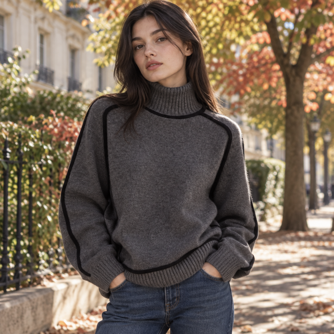 Maglione donna grigio scuro a collo alto con profili neri a contrasto