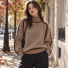 Maglione donna marrone a collo alto con profili neri e fondo a coste