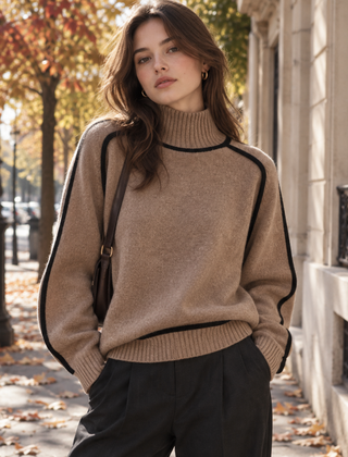 Maglione donna marrone a collo alto con profili neri e fondo a coste