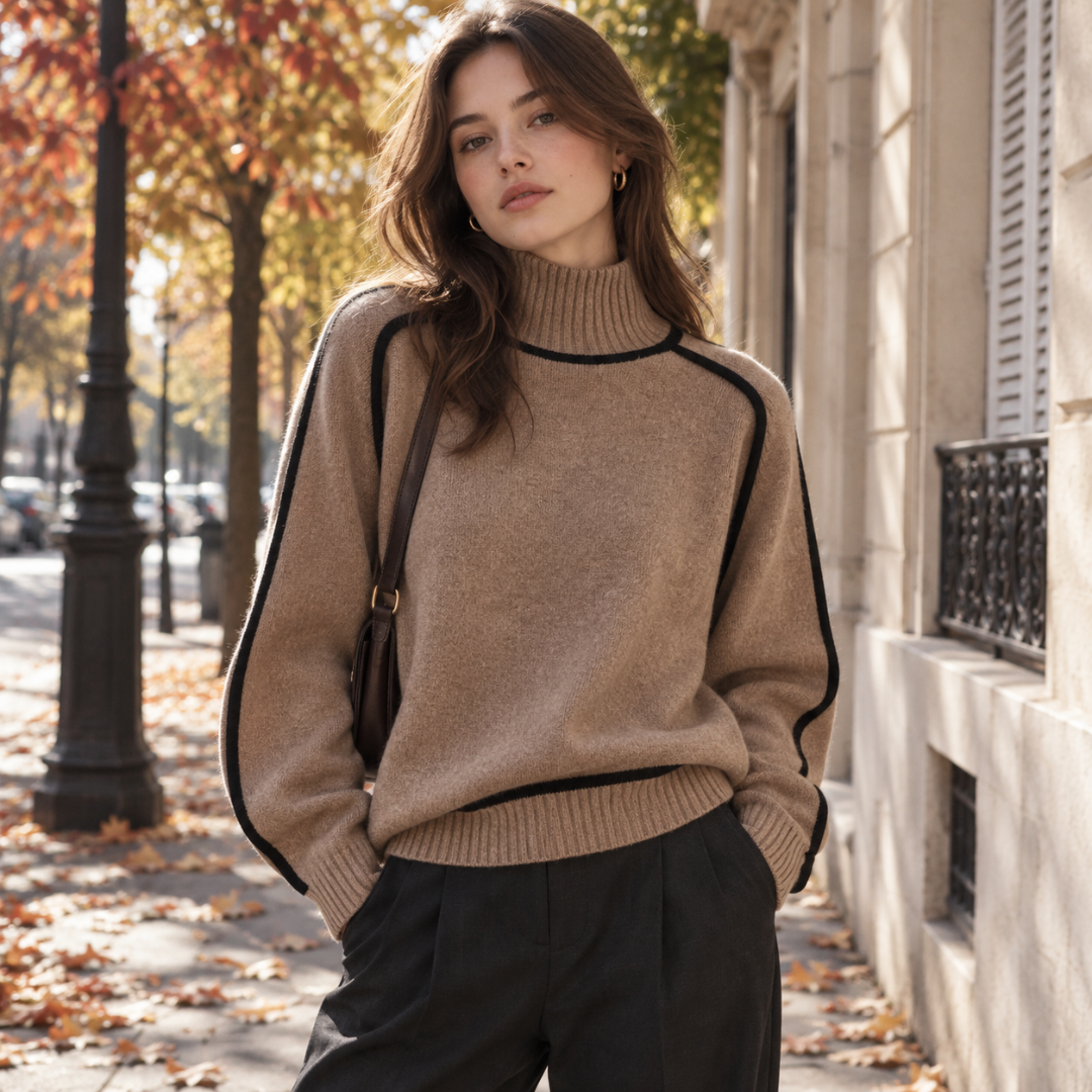 Maglione donna marrone a collo alto con profili neri e fondo a coste