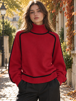 Maglione donna rosso a collo alto con profili neri e cuciture raglan