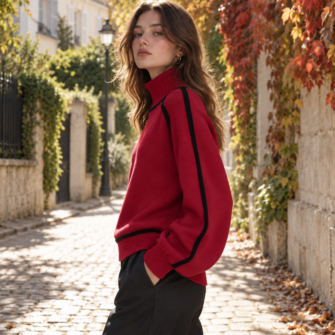 Vista laterale del maglione rosso a collo alto con profilo nero sulla manica
