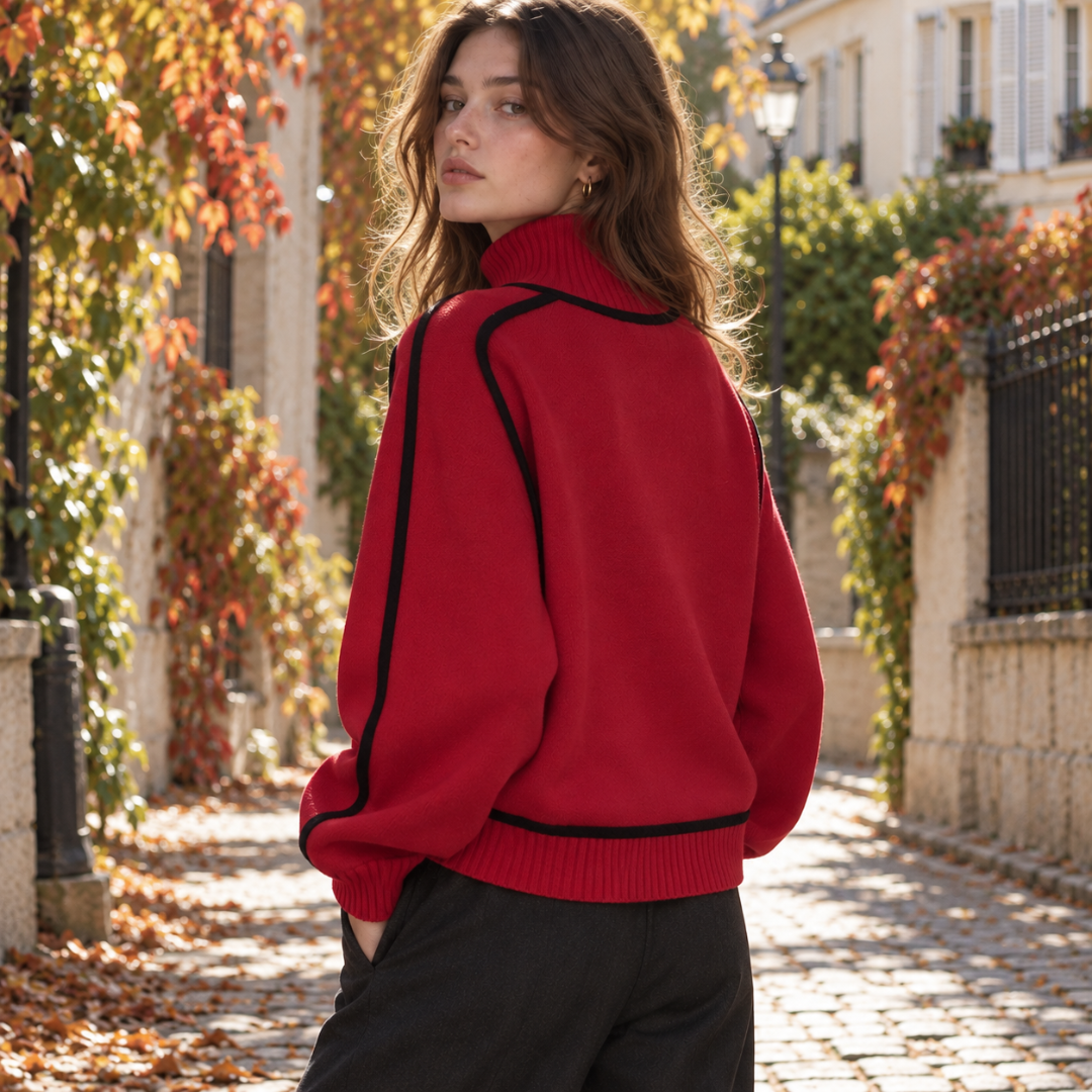 Maglione rosso visto di spalle con profili neri e fondo a coste