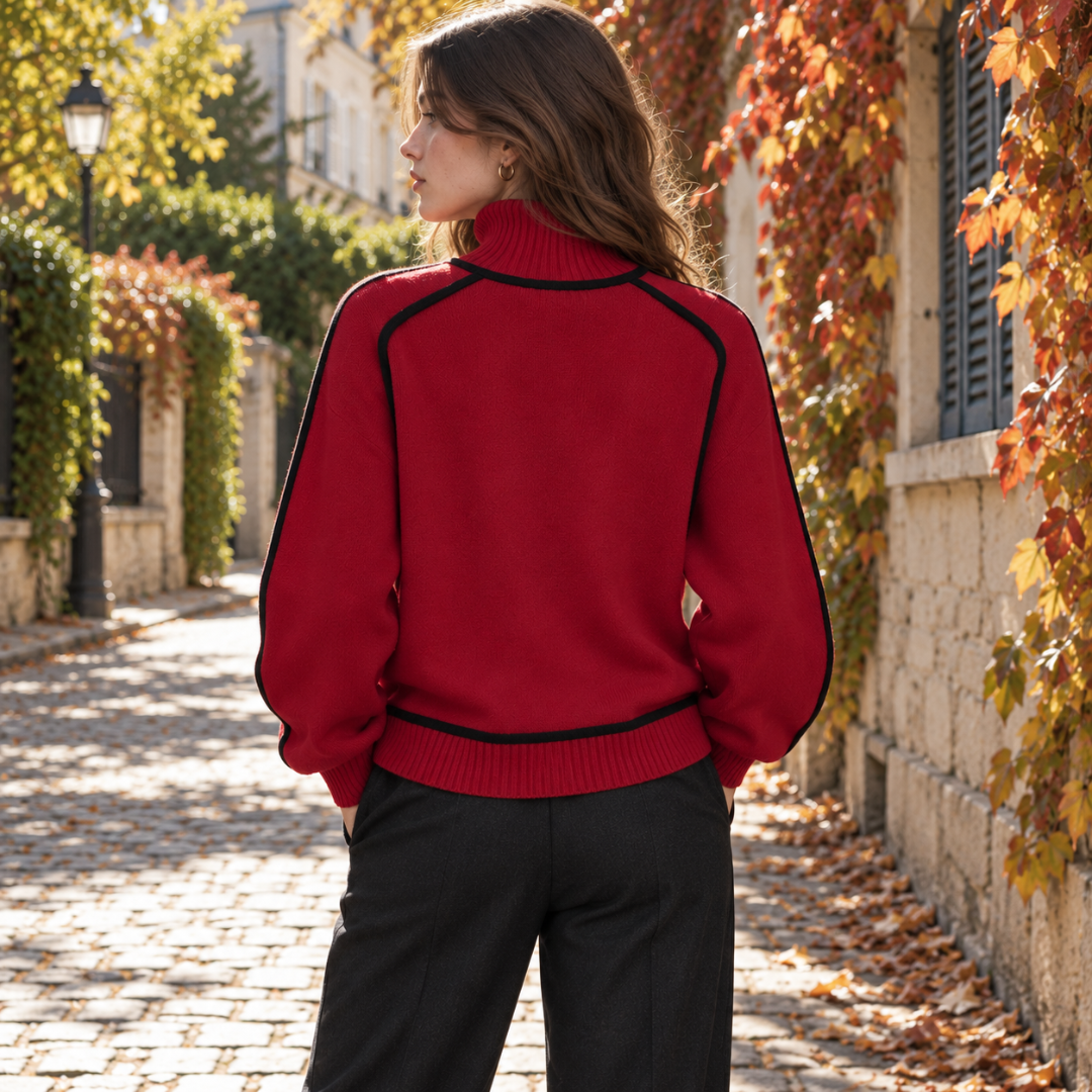 Retro del maglione donna rosso a collo alto con bordi a coste