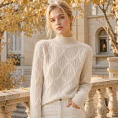 Maglione donna beige a collo alto con rombi in rilievo e ampi polsini a coste