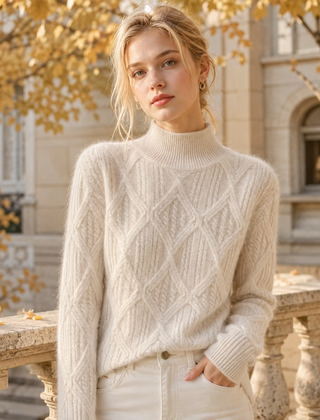Maglione donna beige a collo alto con rombi in rilievo e ampi polsini a coste