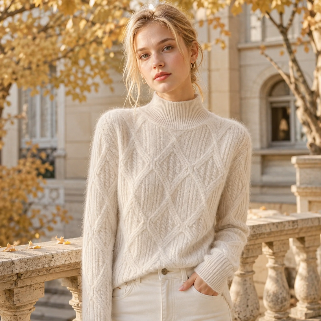 Maglione donna beige a collo alto con rombi in rilievo e ampi polsini a coste