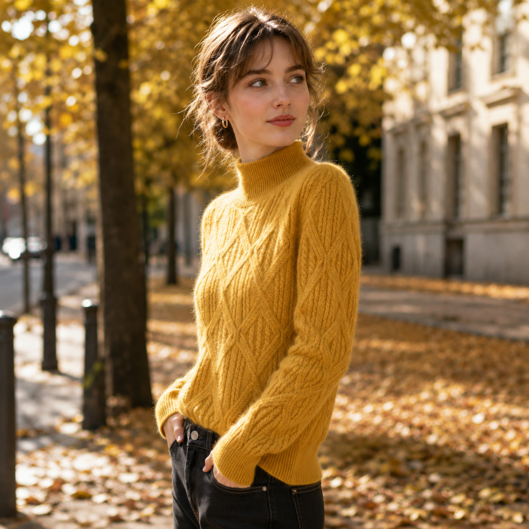 Maglione giallo a collo alto visto di lato, con trecce lungo la manica lunga