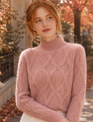 Maglione rosa a collo alto con lavorazione a rombi e trecce sulle maniche lunghe