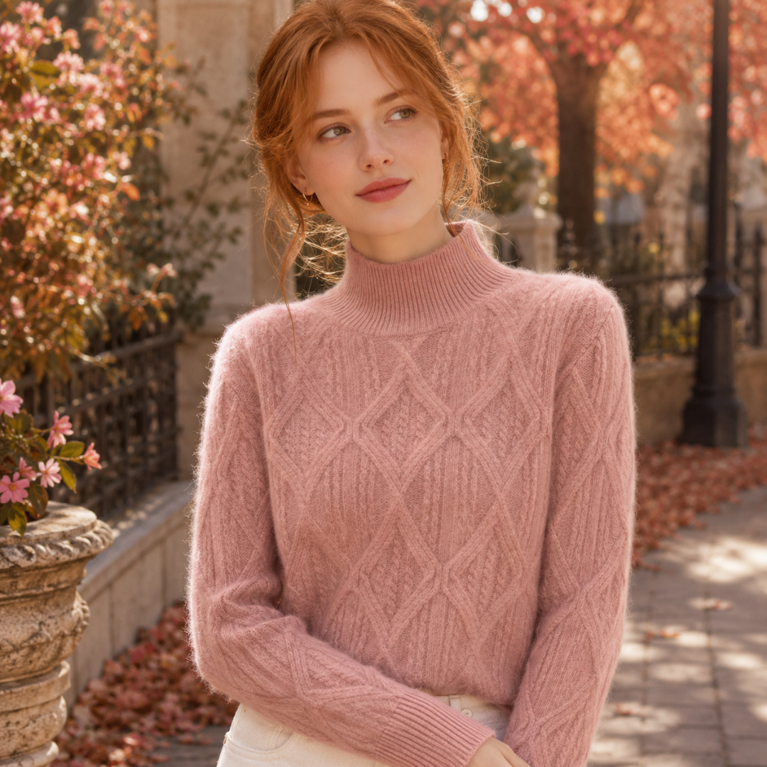 Maglione rosa a collo alto con lavorazione a rombi e trecce sulle maniche lunghe
