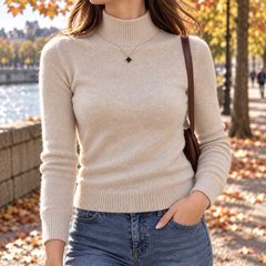 Maglione beige a collo alto abbinato a pantaloni chiari e borsa marrone