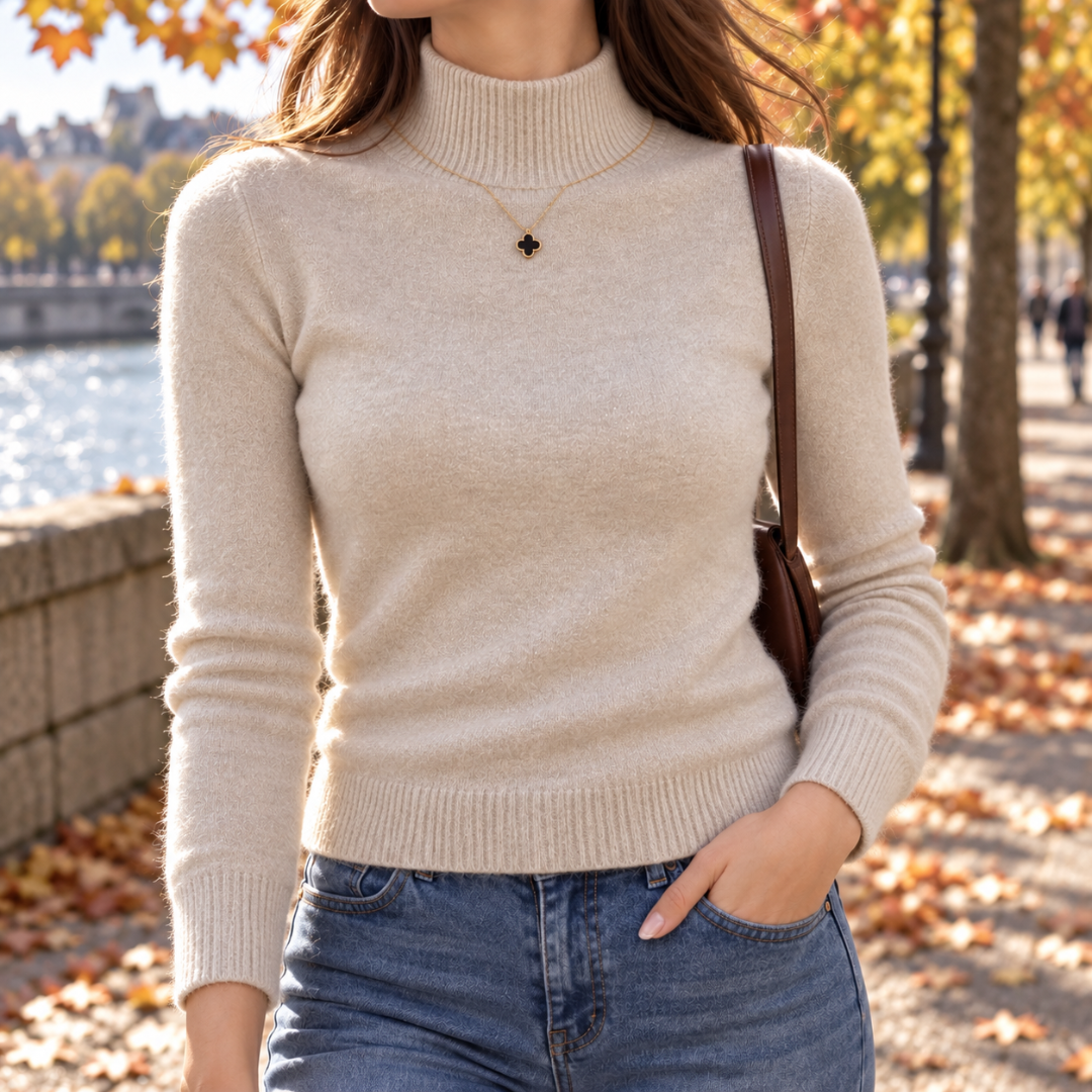 Maglione beige a collo alto abbinato a pantaloni chiari e borsa marrone
