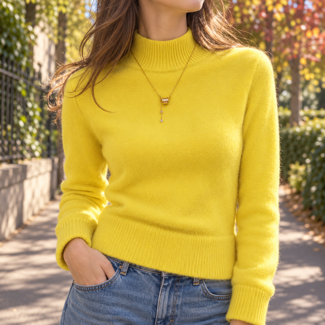 Maglione giallo a collo alto con maniche lunghe e bordo a coste