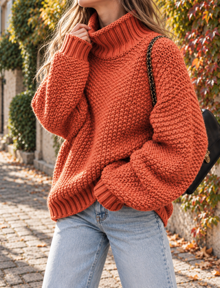 Maglione donna arancione a collo alto in maglia grossa con maniche ampie