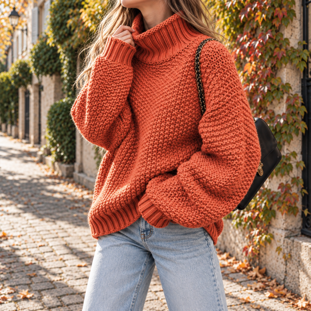 Maglione donna arancione a collo alto in maglia grossa con maniche ampie