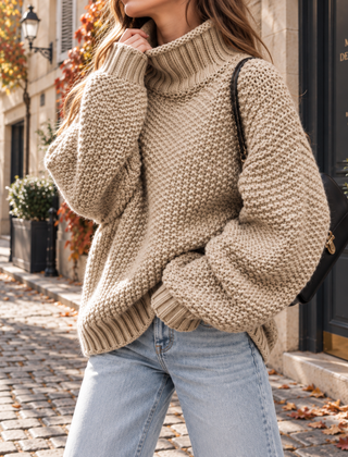 Maglione beige a collo alto con lavorazione in rilievo e bordo a costine