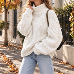 Maglione donna bianco a collo alto in maglia grossa con polsini a coste