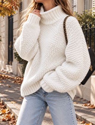 Maglione donna bianco a collo alto in maglia grossa con polsini a coste