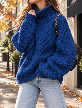 Maglione donna blu royal a collo alto in maglia grossa e maniche lunghe