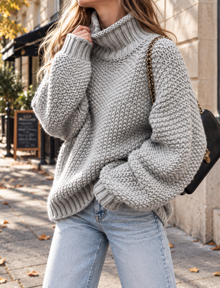 Maglione grigio chiaro a collo alto con maniche lunghe e polsini a coste