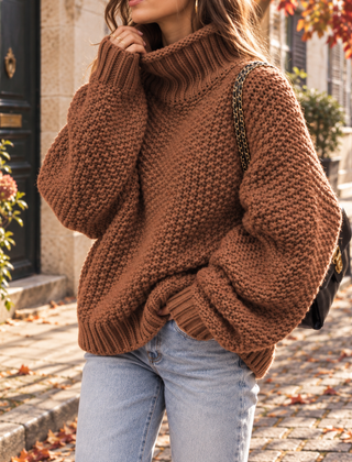 Maglione donna marrone in maglia grossa con collo alto e polsini a coste
