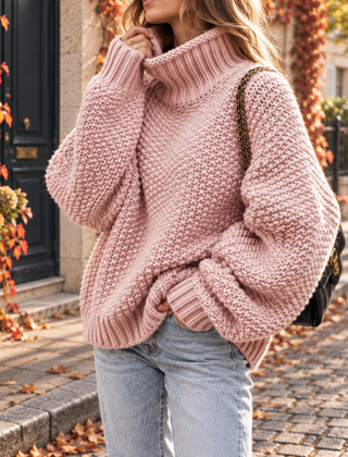 Maglione donna rosa in maglia grossa con collo alto e maniche lunghe