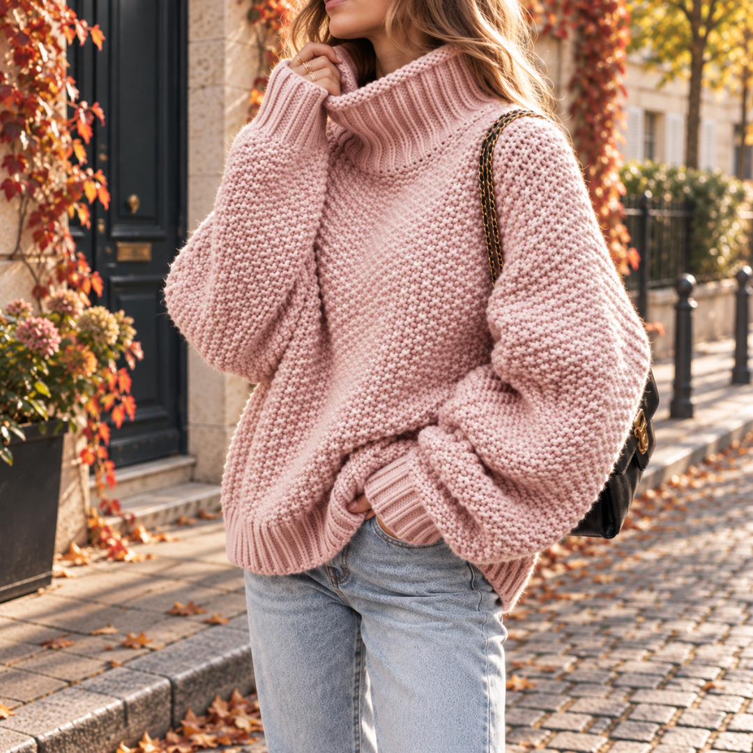 Maglione donna rosa in maglia grossa con collo alto e maniche lunghe