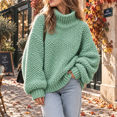 Maglione verde acqua a collo alto con maniche lunghe e polsini a coste