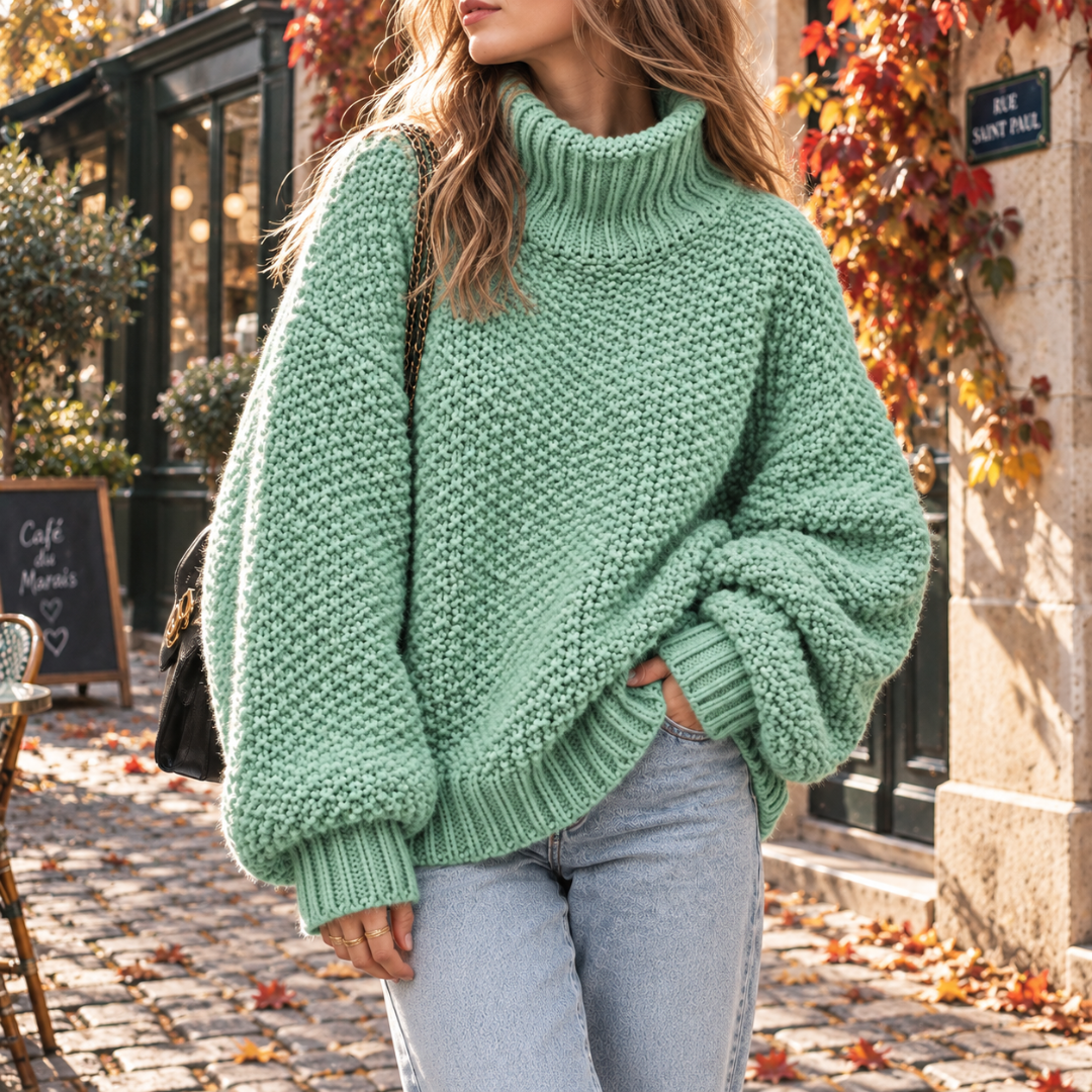 Maglione verde acqua a collo alto con maniche lunghe e polsini a coste