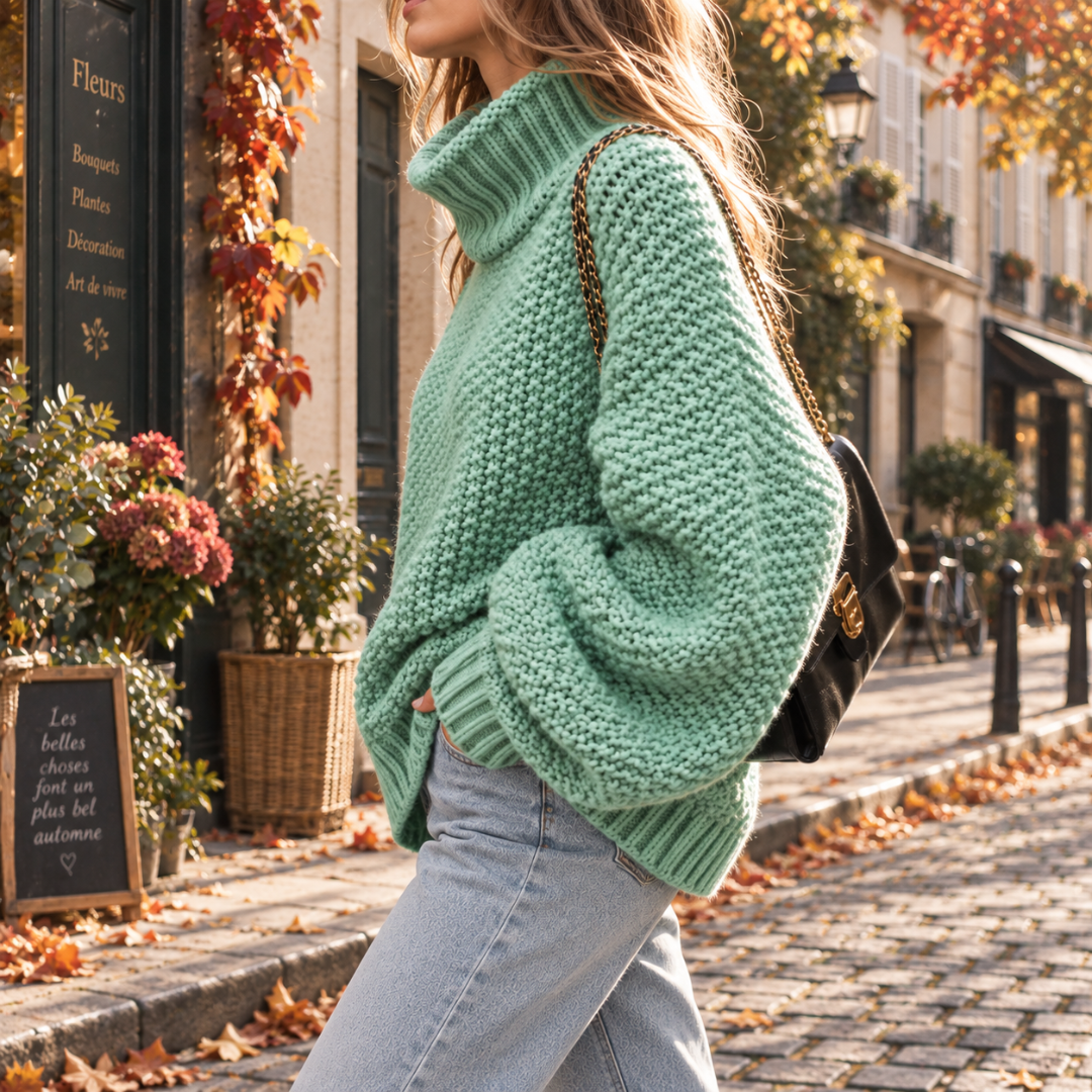 Maglione donna verde acqua di profilo con collo alto ripiegato