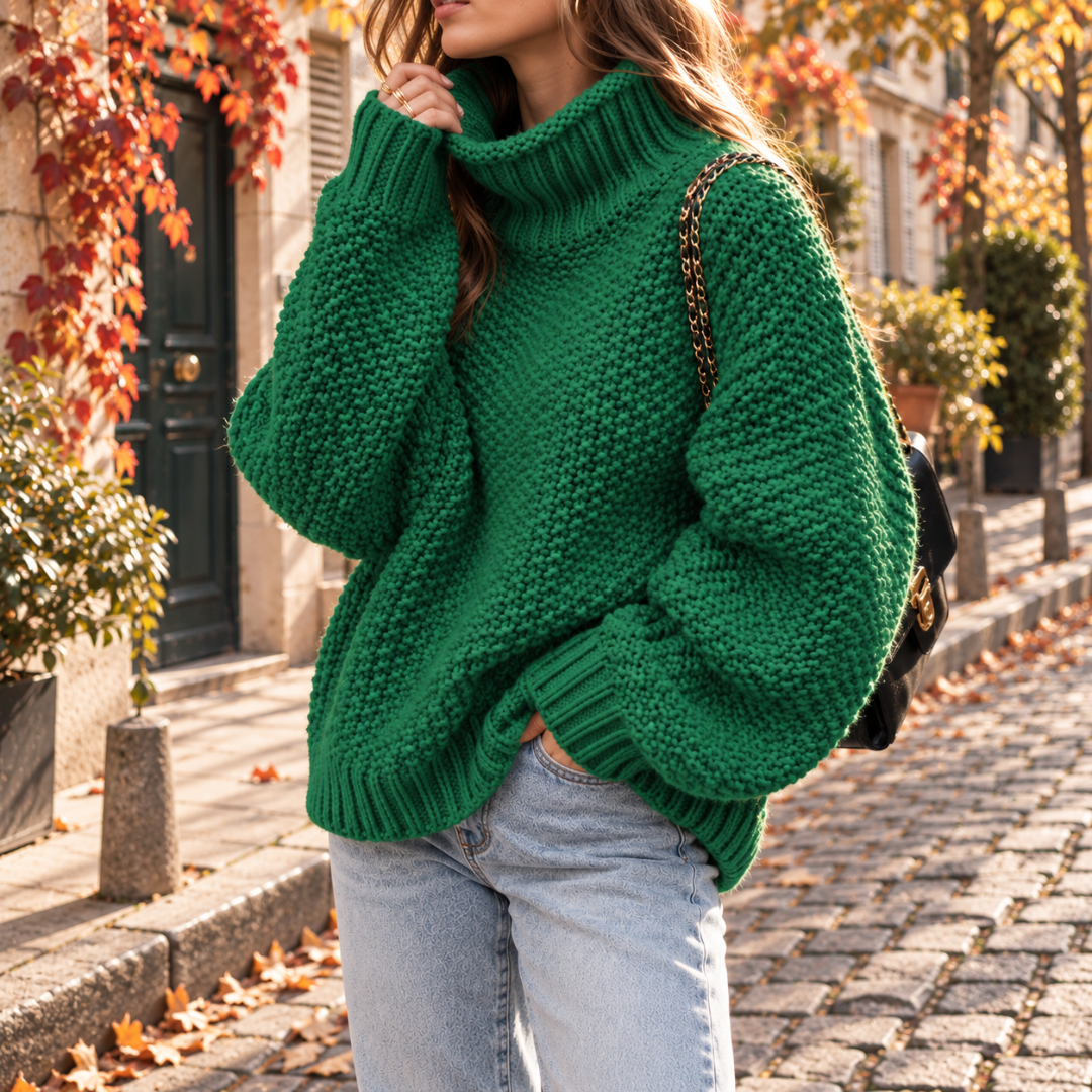 Maglione donna verde intenso a collo alto in maglia grossa in rilievo