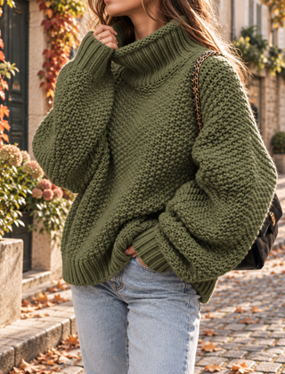 Maglione verde militare a collo alto con polsini e bordo a coste